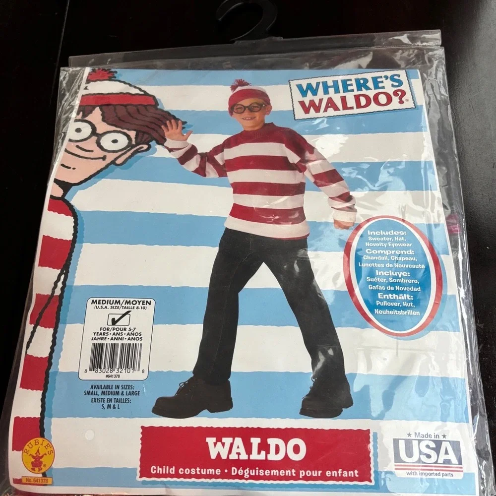 Rubies Wheres Waldo Child Costume Medium 8-10 Red WhiteStriped Sweater Hat Glass